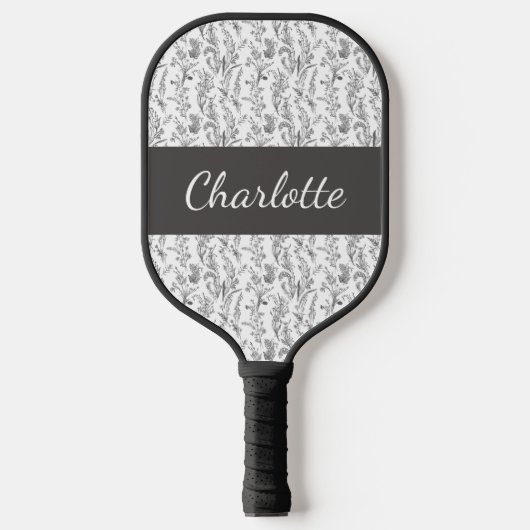 Black White Chic Toile Floral Custom Name Pickleball Paddle (Voorkant)