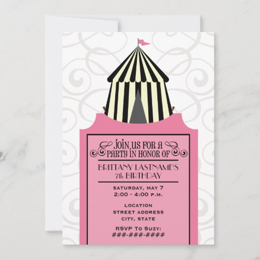 Black & White Circus Tent w Pink Ticket Birthday Kaart (Voorkant)