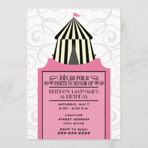 Black & White Circus Tent w Pink Ticket Birthday Kaart