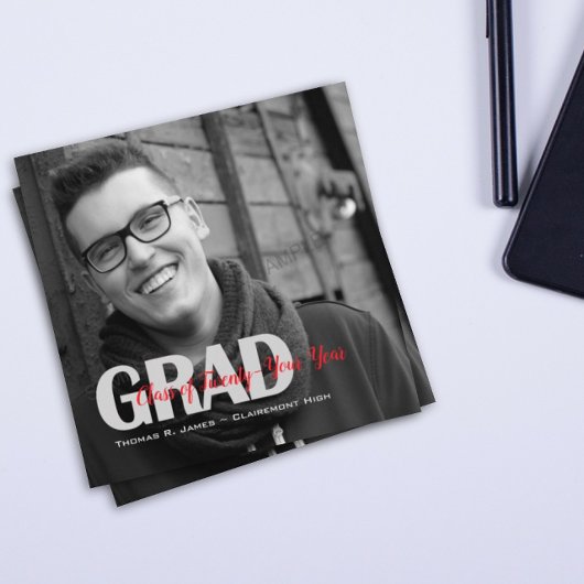 Black White "Class of" Afstudeerder Foto-uitnodigi Aankondiging