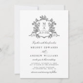 Black & White Classic Floral Crest Wedding Kaart (Voorkant)