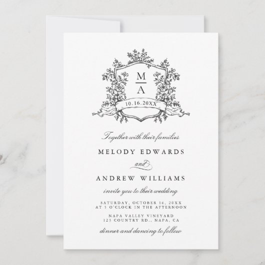 Black & White Classic Floral Crest Wedding Kaart (Voorkant)