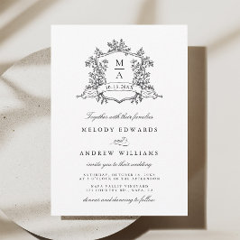 Black & White Classic Floral Crest Wedding Kaart