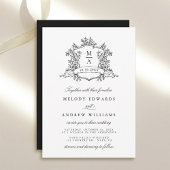 Black & White Classic Floral Crest Wedding Kaart