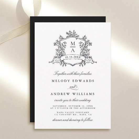Black & White Classic Floral Crest Wedding Kaart