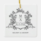 Black & White Classic Floral Crest Wedding Photo Keramisch Ornament (Voorkant)
