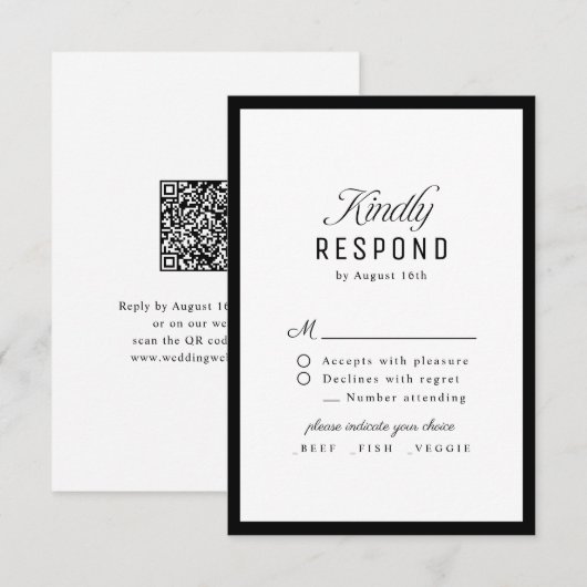 Black White Classy Script Elegant QR code Wedding RSVP Kaartje (Voorkant / Achterkant)