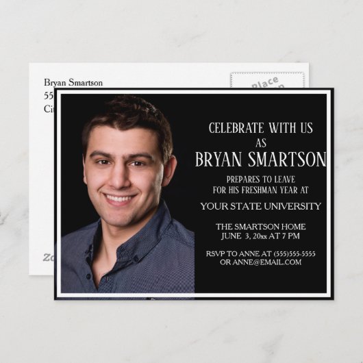 Black White College Trunk Party fotouitnodiging Uitnodiging Briefkaart (Voorkant / Achterkant)