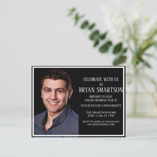 Black White College Trunk Party fotouitnodiging Uitnodiging Briefkaart (Staand voorkant)