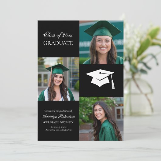 Black White College University Foto Afstuderen Aankondiging (Staand voorkant)