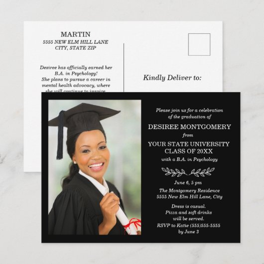 Black White College University Foto Afstuderen Uitnodiging Briefkaart (Voorkant / Achterkant)