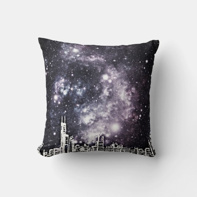 Black & White Comic Style Skyline Starry Sky Kussen (Voorkant)