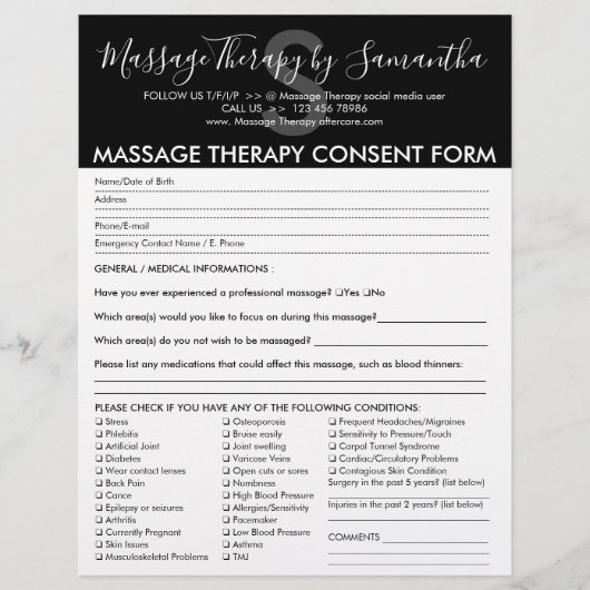 Black White Consent Budget Form Massage Therapy Flyer (Voorkant)