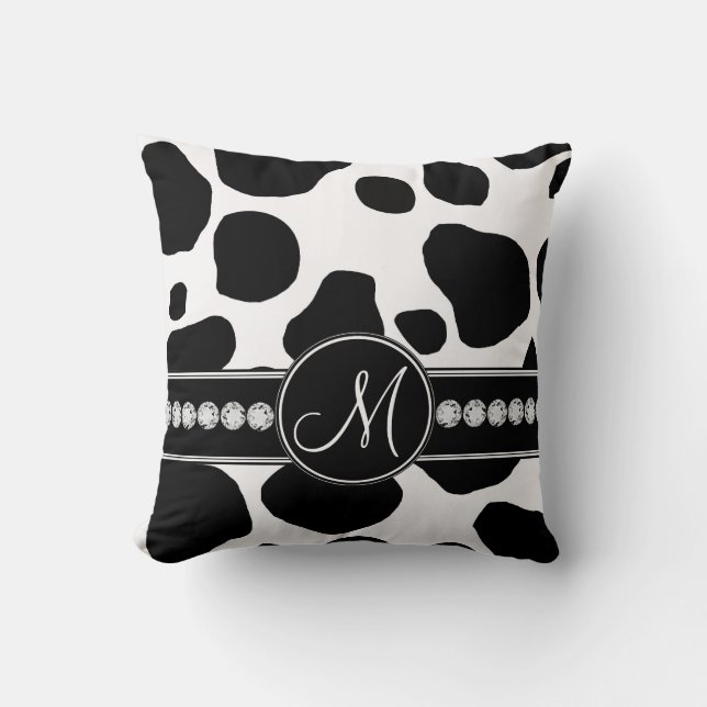 Black White Cow Spots Monogrammed Sierkussen (Voorkant)