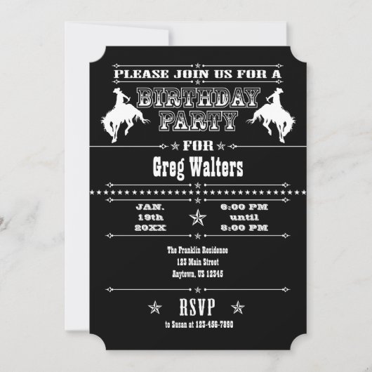 Black White Cowboy Rodeo Birthday Party Invitation Kaart (Voorkant)