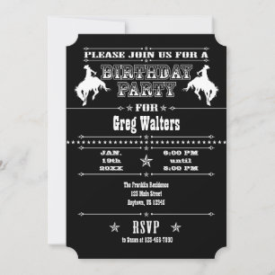 Black White Cowboy Rodeo Birthday Party Invitation Kaart