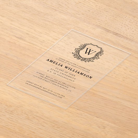 Black White Crest Monogram Afstudeerfeest Acryl Uitnodigingen (Laagn)