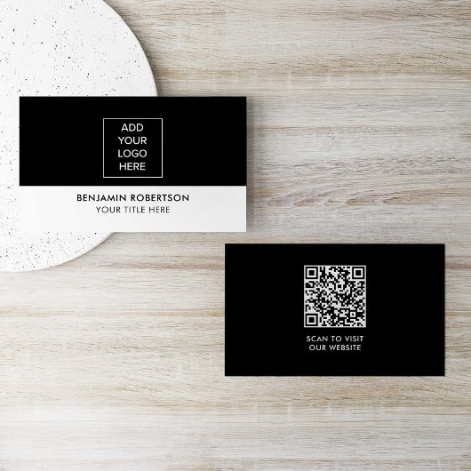Black White Custom Logo QR Code Modern Simple Visitekaartje