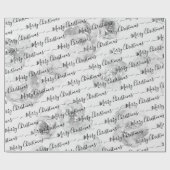 Black White Custom Merry kerstscript Floral Cadeaupapier (Vlak)