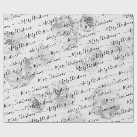 Black White Custom Merry kerstscript Floral Cadeaupapier (Vlak)
