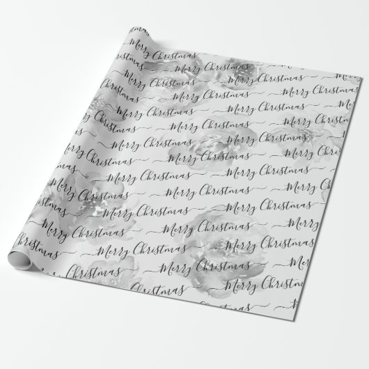 Black White Custom Merry kerstscript Floral Cadeaupapier (Uitgerold)