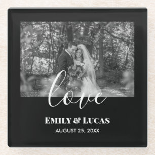 Black White Custom Weddenschap Foto Simple Elegant Glazen Onderzetter