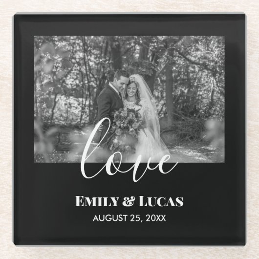 Black White Custom Weddenschap Foto Simple Elegant Glazen Onderzetter (Voorkant)