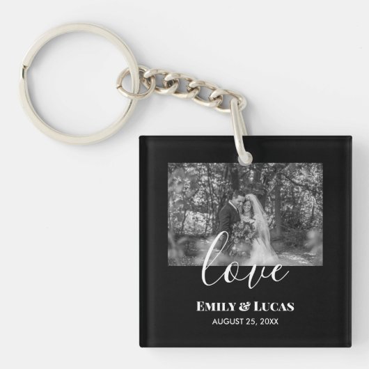 Black White Custom Weddenschap Foto Simple Elegant Sleutelhanger (Voorkant)