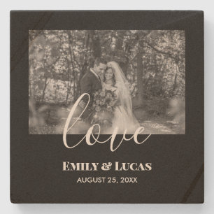 Black White Custom Weddenschap Foto Simple Elegant Stenen Onderzetter