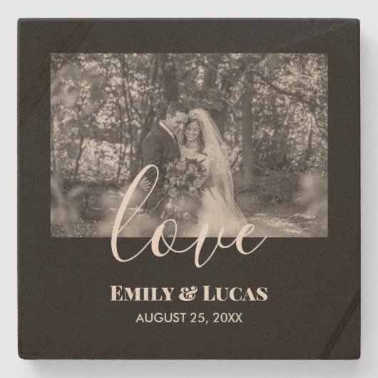 Black White Custom Weddenschap Foto Simple Elegant Stenen Onderzetter (Voorkant)