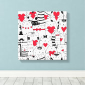 Black White Cute Cat Red Heart Canvas Afdruk (Insitu (Houten vloer))