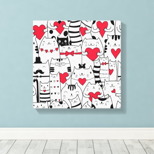 Black White Cute Cat Red Heart Canvas Afdruk (Insitu (Houten vloer))