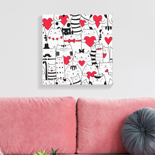 Black White Cute Cat Red Heart Canvas Afdruk (Insitu (Woonkamer))