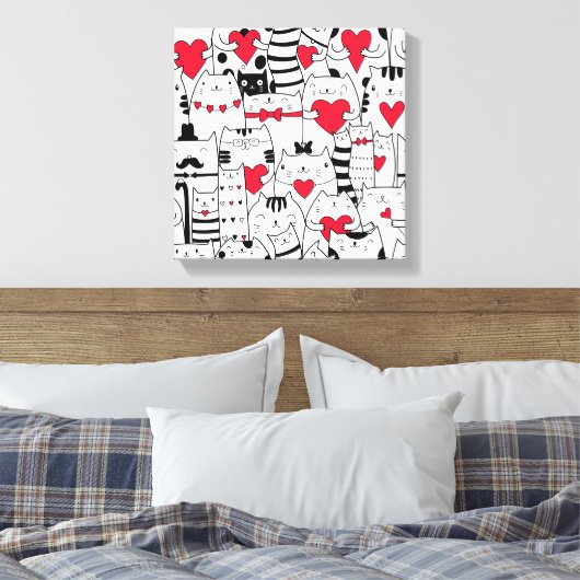Black White Cute Cat Red Heart Canvas Afdruk (Insitu (Slaapkamer))