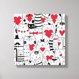 Black White Cute Cat Red Heart Canvas Afdruk