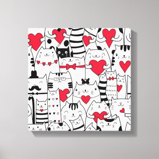 Black White Cute Cat Red Heart Canvas Afdruk (Voorkant)