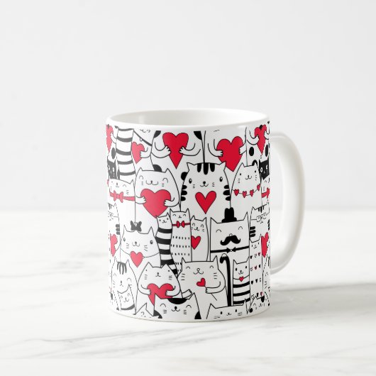 Black White Cute Cat Red Heart Koffiemok (Voorkant rechts)
