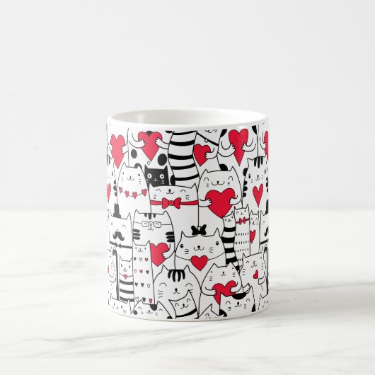 Black White Cute Cat Red Heart Koffiemok (Center)