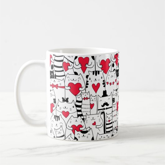 Black White Cute Cat Red Heart Koffiemok (Links)