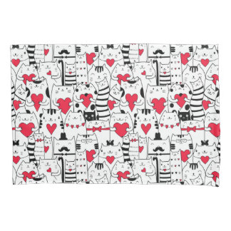 Black White Cute Cat Red Heart Kussensloop