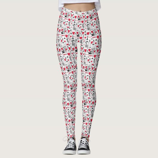 Black White Cute Cat Red Heart Leggings (Voorkant)