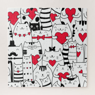 Black White Cute Cat Red Heart Legpuzzel