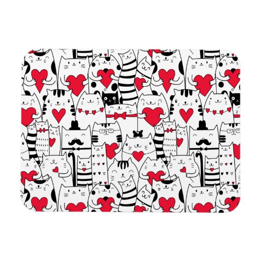 Black White Cute Cat Red Heart Magneet (Horizontaal)