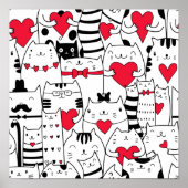 Black White Cute Cat Red Heart Poster (Voorkant)