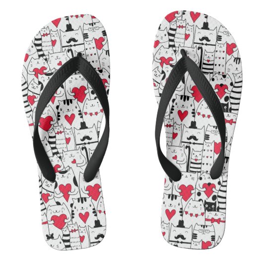 Black White Cute Cat Red Heart Teenslippers (Voetbed)