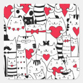 Black White Cute Cat Red Heart Vierkante Sticker (Voorkant)