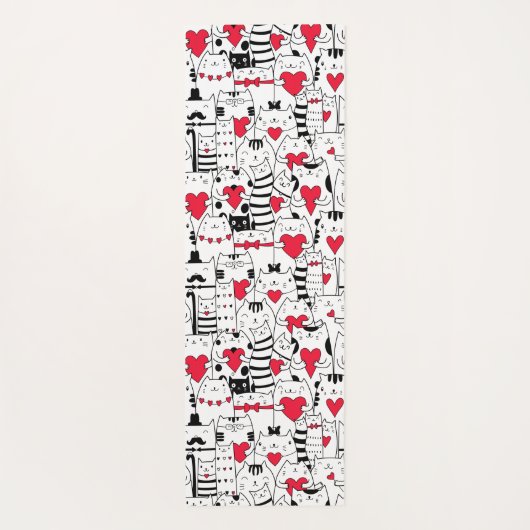 Black White Cute Cat Red Heart Yogamat (Achterkant)