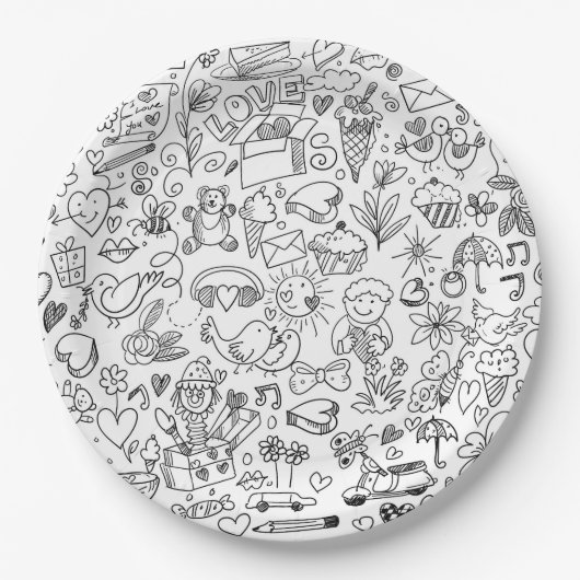 Black & White Cute Doodle Papieren Bordje (Voorkant)