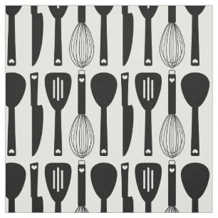 Black White Cute Kitchen Utirich Pattern Stof