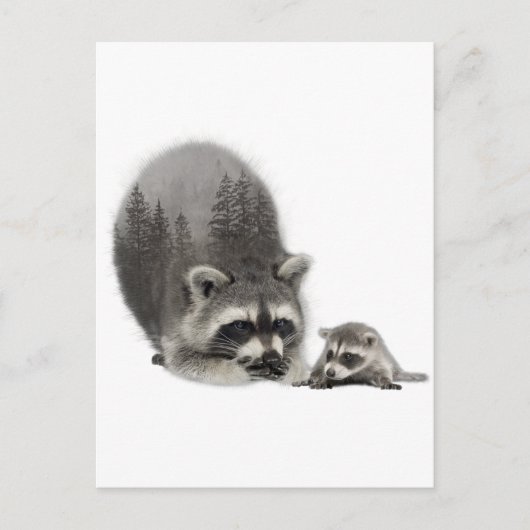 Black White Cute Raccoon met Baby Briefkaart (Voorkant)